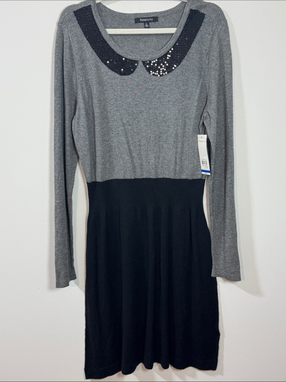 Relativity Grey & Black A-Line Midi Sweater Dress w/ Sequin Collar - Size XL